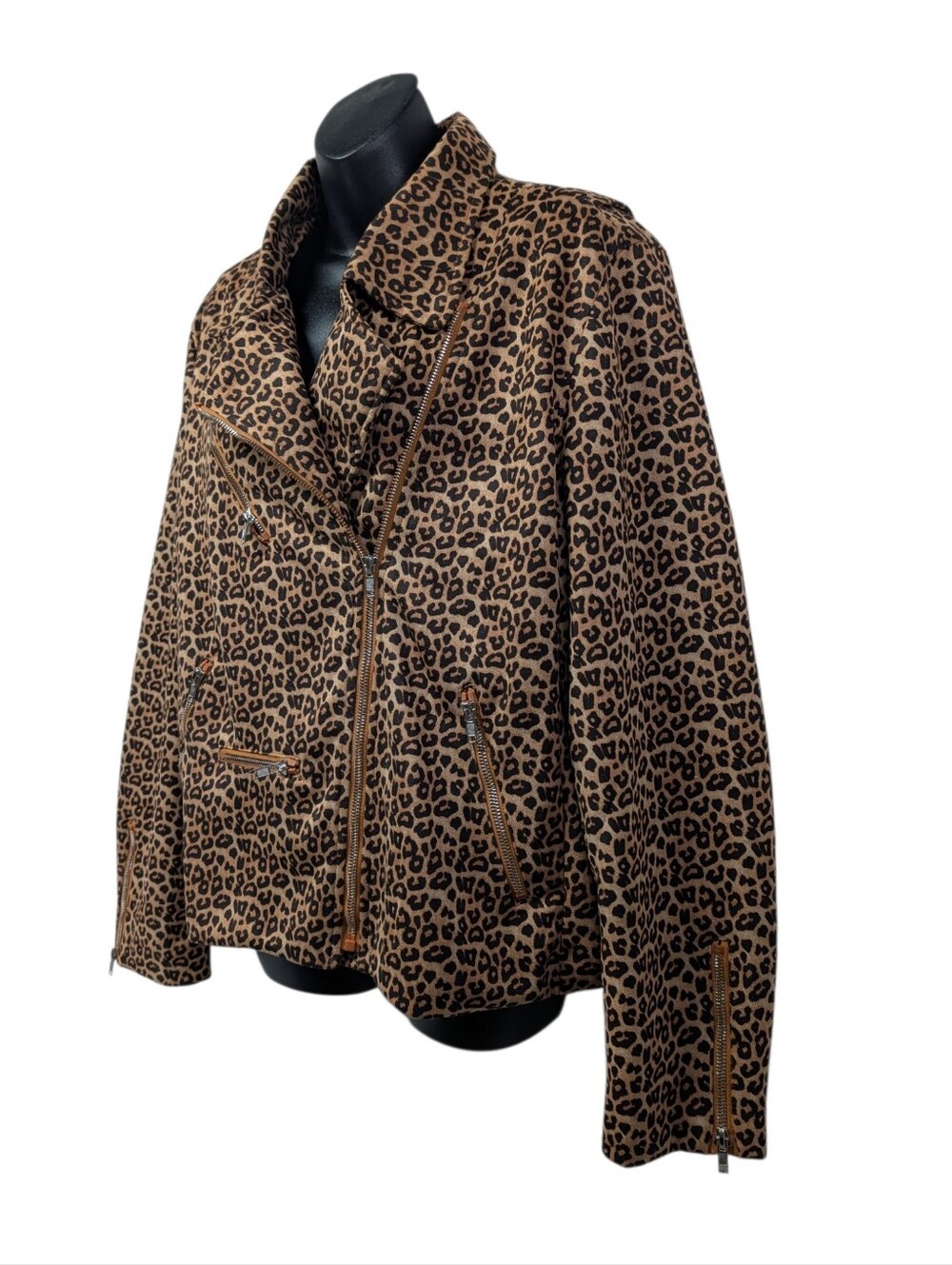 Women's Leopard Print Biker Jacket Brown/Black Size 2XL Full Zip Lined - Picture 3 of 8